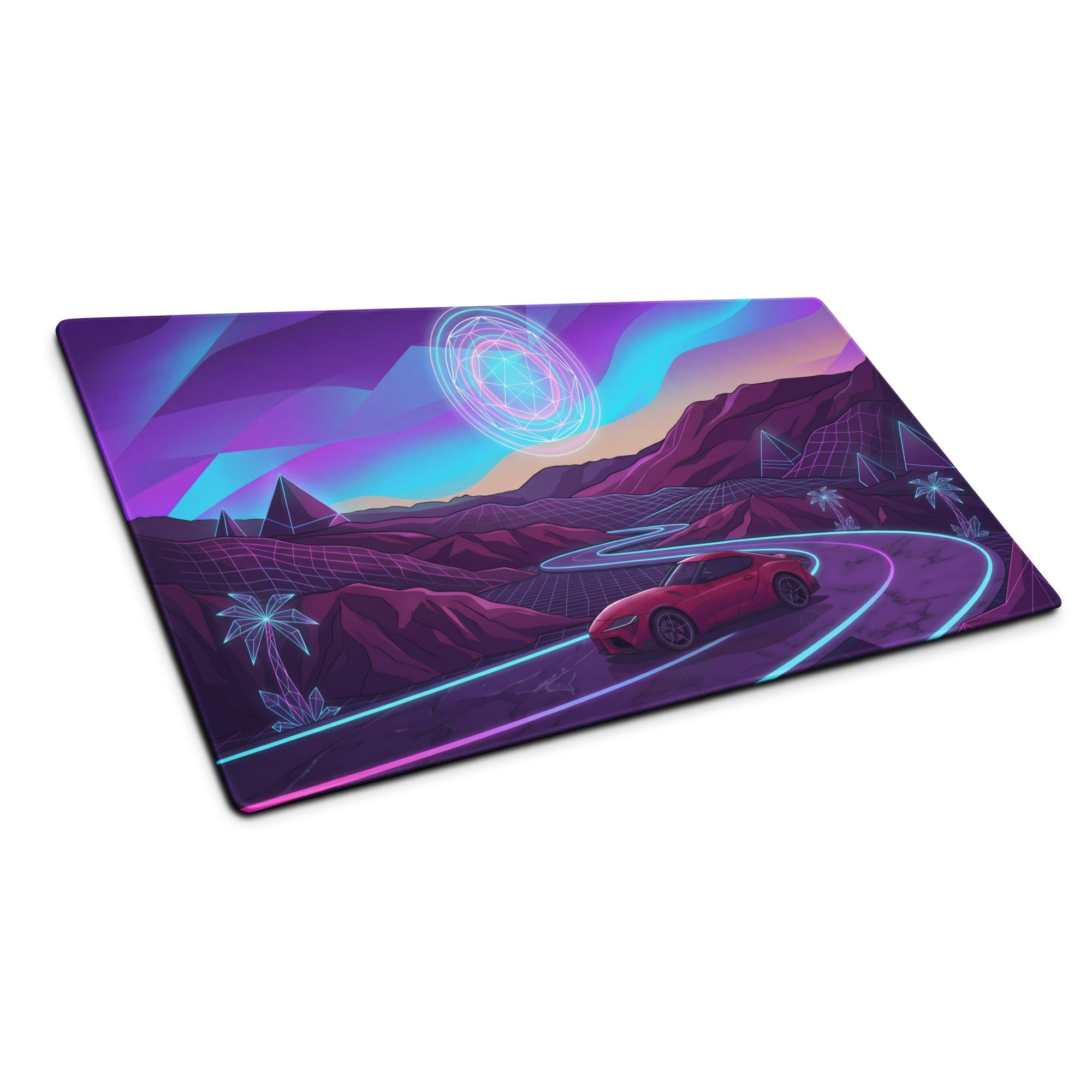 Toyota GR Supra A90 Inspired Red Purple Vaporwave Gaming Mouse Pad, Neon Futuristic JDM Desk Mat with Synthwave Mountain Road Sports Car Art