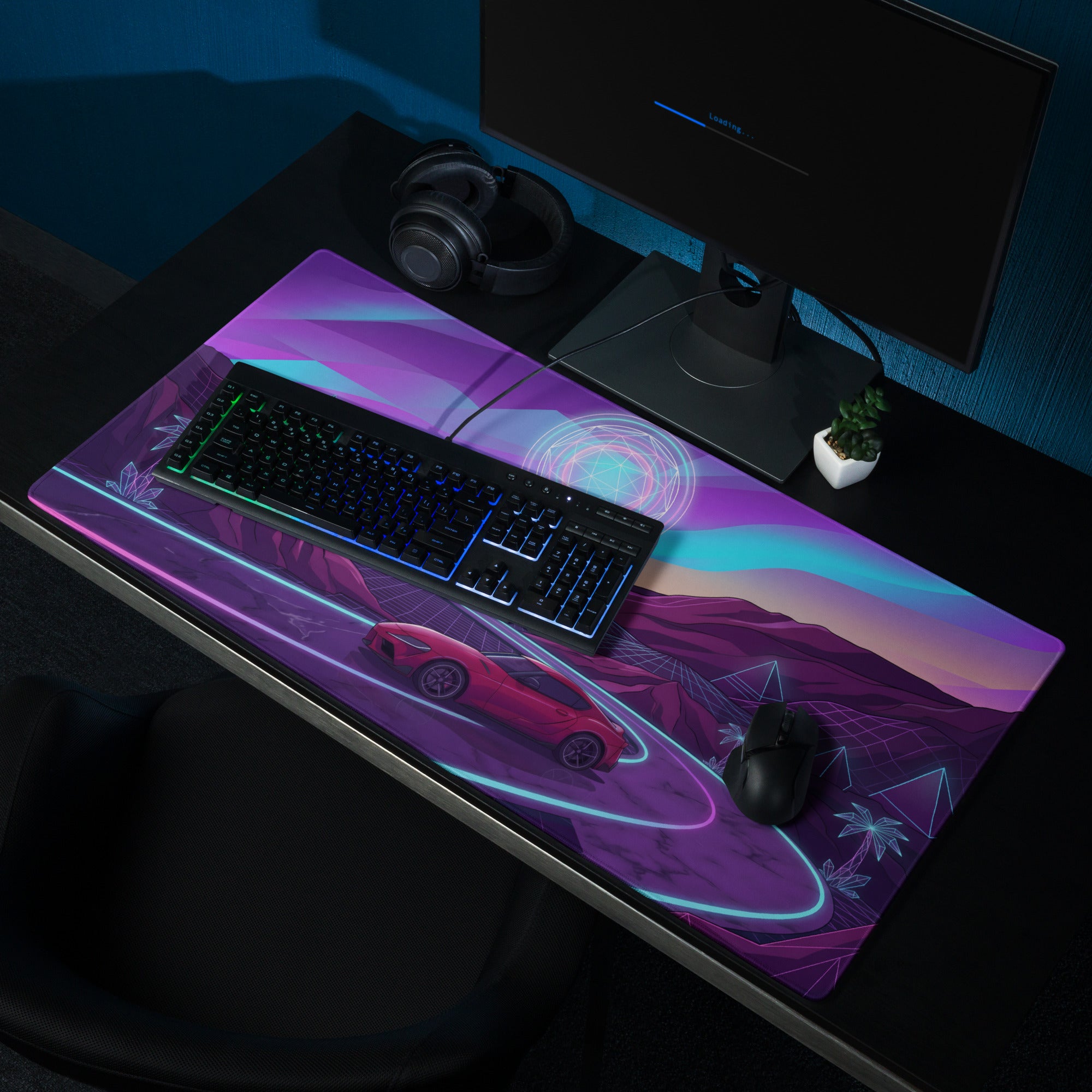 Toyota GR Supra A90 Inspired Red Purple Vaporwave Gaming Mouse Pad, Neon Futuristic JDM Desk Mat with Synthwave Mountain Road Sports Car Art