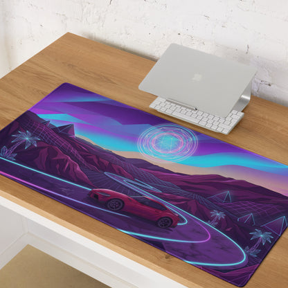 Toyota GR Supra A90 Inspired Red Purple Vaporwave Gaming Mouse Pad, Neon Futuristic JDM Desk Mat with Synthwave Mountain Road Sports Car Art