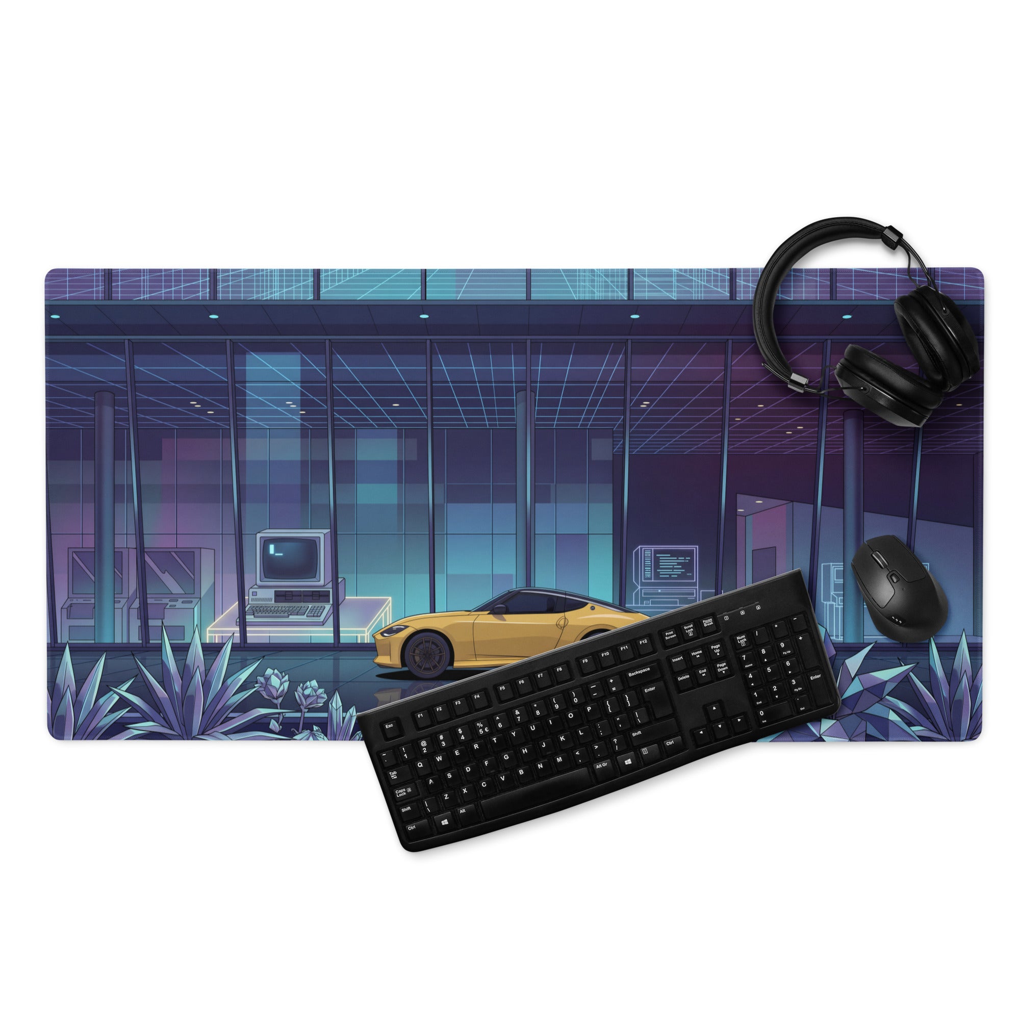 Nissan Z RZ34 Inspired Yellow Blue Vaporwave Gaming Mouse Pad, Neon Retro Futuristic JDM Desk Mat with Cyberpunk Tech Lab Sports Car Art