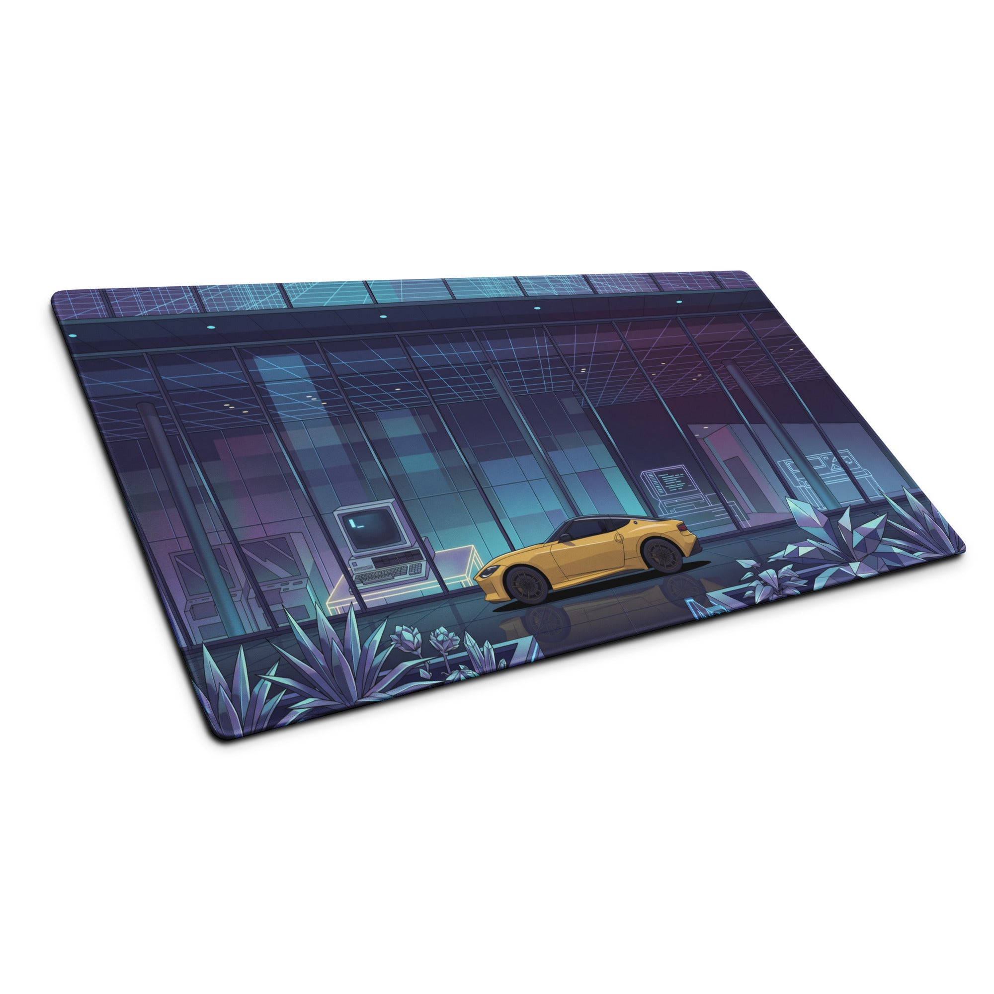 Nissan Z RZ34 Inspired Yellow Blue Vaporwave Gaming Mouse Pad, Neon Retro Futuristic JDM Desk Mat with Cyberpunk Tech Lab Sports Car Art
