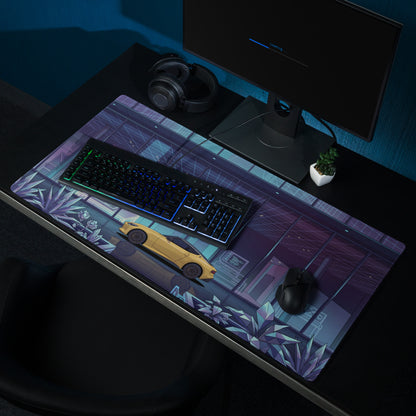 Nissan Z RZ34 Inspired Yellow Blue Vaporwave Gaming Mouse Pad, Neon Retro Futuristic JDM Desk Mat with Cyberpunk Tech Lab Sports Car Art