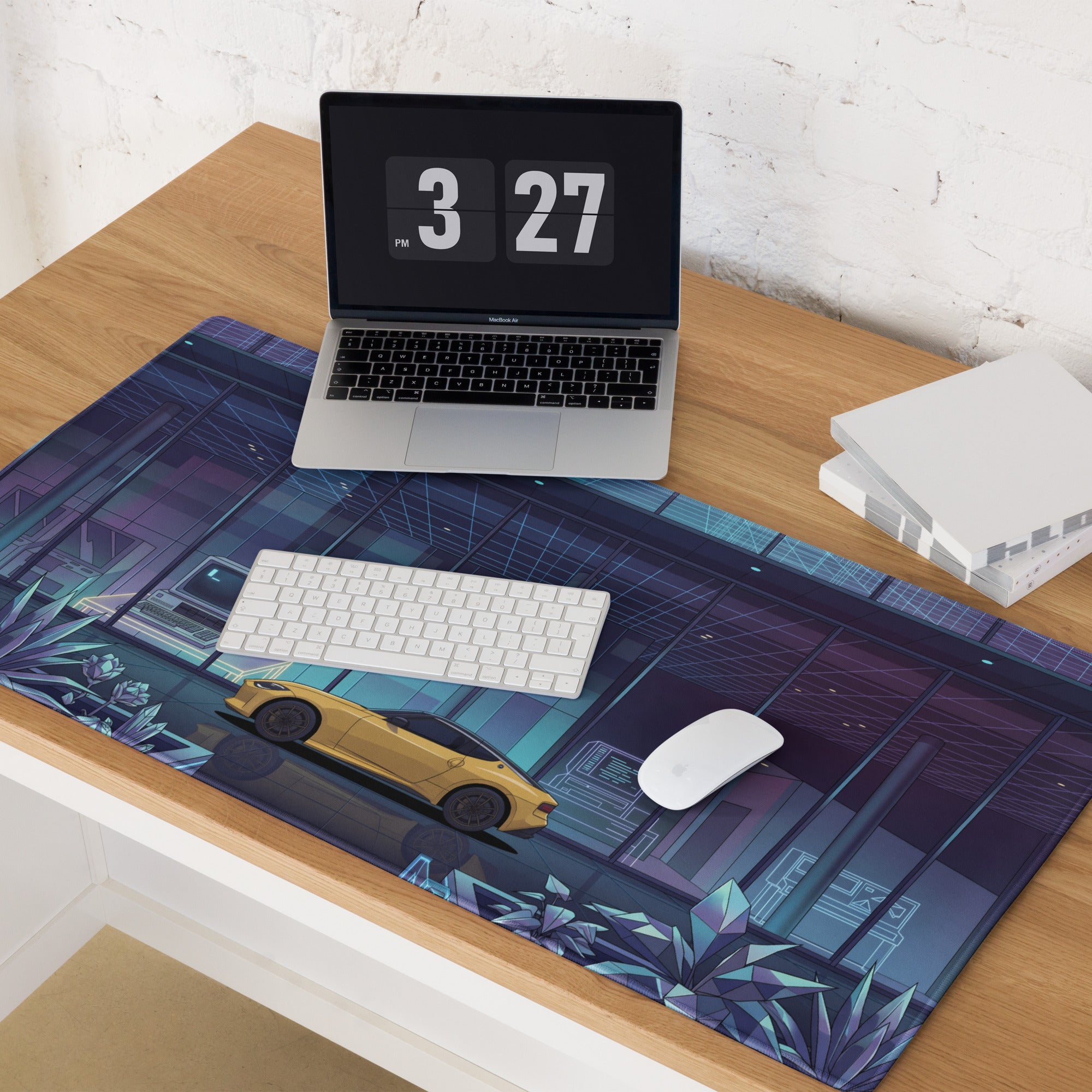 Nissan Z RZ34 Inspired Yellow Blue Vaporwave Gaming Mouse Pad, Neon Retro Futuristic JDM Desk Mat with Cyberpunk Tech Lab Sports Car Art