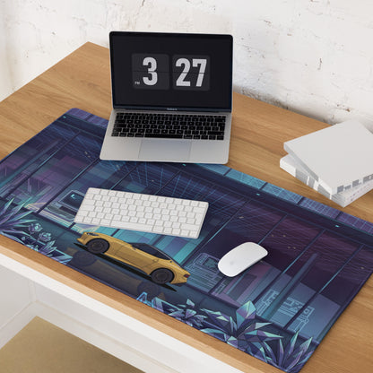 Nissan Z RZ34 Inspired Yellow Blue Vaporwave Gaming Mouse Pad, Neon Retro Futuristic JDM Desk Mat with Cyberpunk Tech Lab Sports Car Art