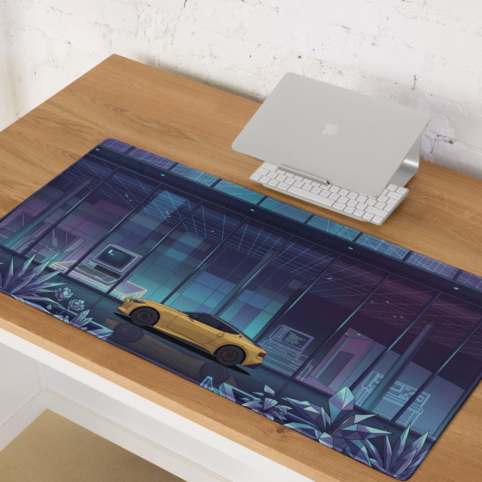 Nissan Z RZ34 Inspired Yellow Blue Vaporwave Gaming Mouse Pad, Neon Retro Futuristic JDM Desk Mat with Cyberpunk Tech Lab Sports Car Art