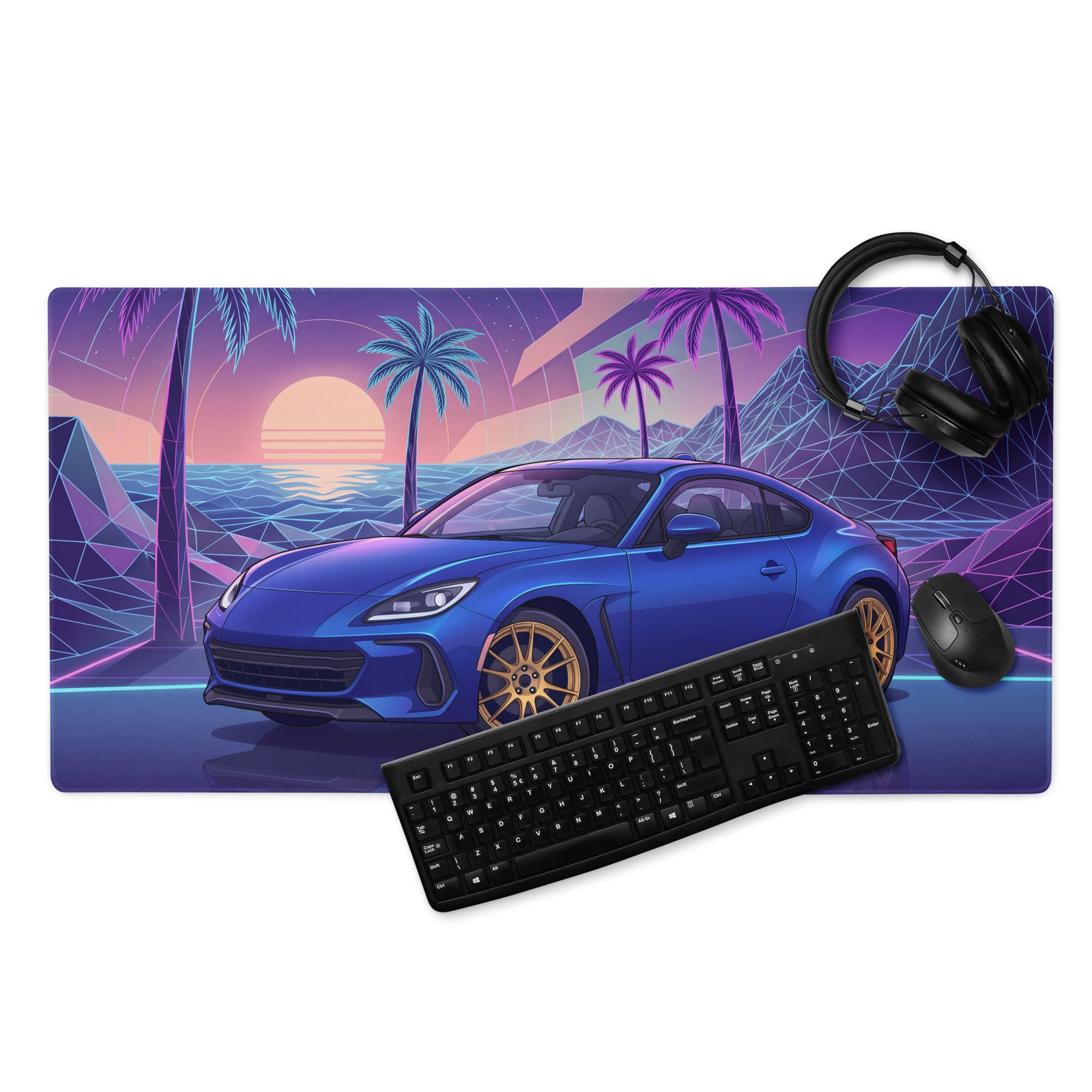 Subaru BRZ Inspired Blue Purple Vaporwave Gaming Mouse Pad, Neon Retro Futuristic JDM Desk Mat with Synthwave Palm Tree Sports Car Art