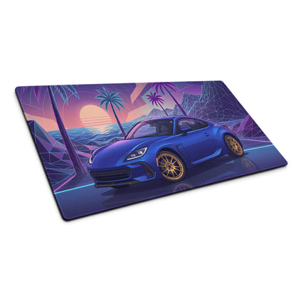 Subaru BRZ Inspired Blue Purple Vaporwave Gaming Mouse Pad, Neon Retro Futuristic JDM Desk Mat with Synthwave Palm Tree Sports Car Art