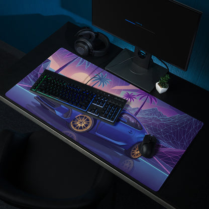 Subaru BRZ Inspired Blue Purple Vaporwave Gaming Mouse Pad, Neon Retro Futuristic JDM Desk Mat with Synthwave Palm Tree Sports Car Art
