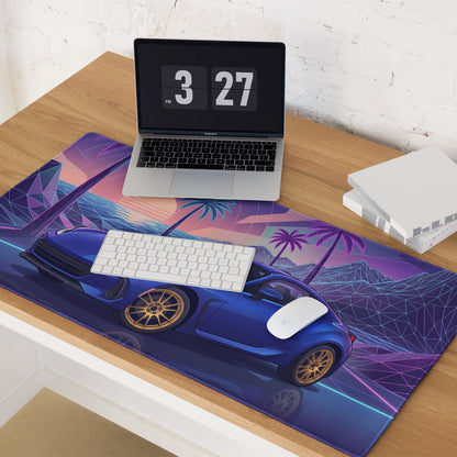 Subaru BRZ Inspired Blue Purple Vaporwave Gaming Mouse Pad, Neon Retro Futuristic JDM Desk Mat with Synthwave Palm Tree Sports Car Art