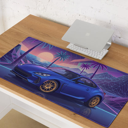 Subaru BRZ Inspired Blue Purple Vaporwave Gaming Mouse Pad, Neon Retro Futuristic JDM Desk Mat with Synthwave Palm Tree Sports Car Art