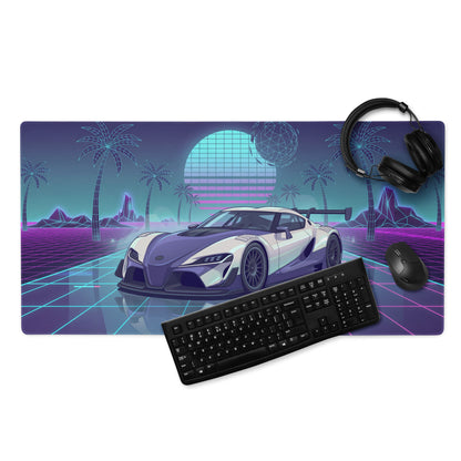 Toyota GR Supra A90 Inspired White Purple Vaporwave Gaming Mouse Pad, Neon Retro Futuristic JDM Desk Mat with Synthwave Palm Tree Sports Car Art