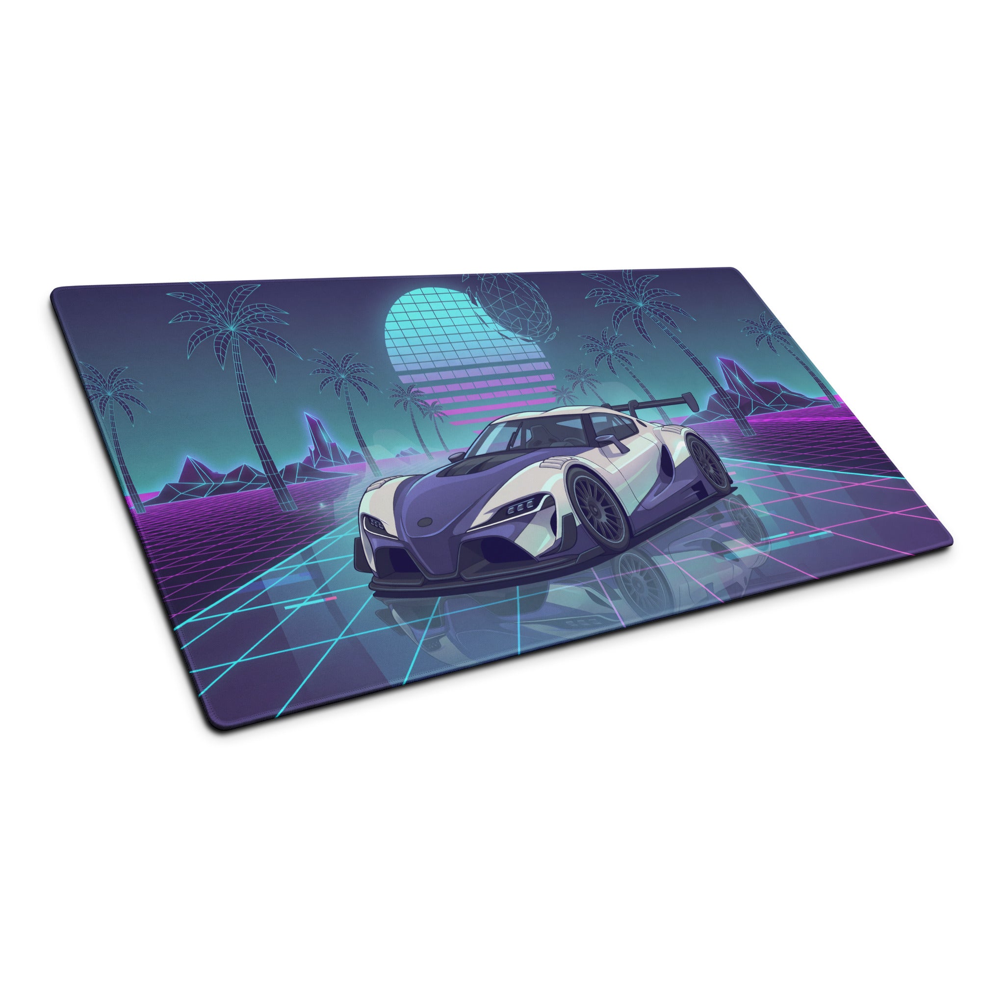 Toyota GR Supra A90 Inspired White Purple Vaporwave Gaming Mouse Pad, Neon Retro Futuristic JDM Desk Mat with Synthwave Palm Tree Sports Car Art