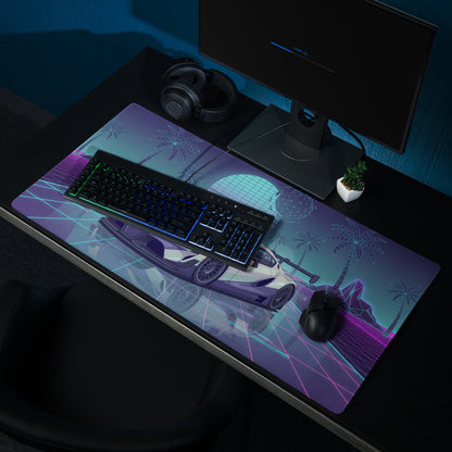 Toyota GR Supra A90 Inspired White Purple Vaporwave Gaming Mouse Pad, Neon Retro Futuristic JDM Desk Mat with Synthwave Palm Tree Sports Car Art