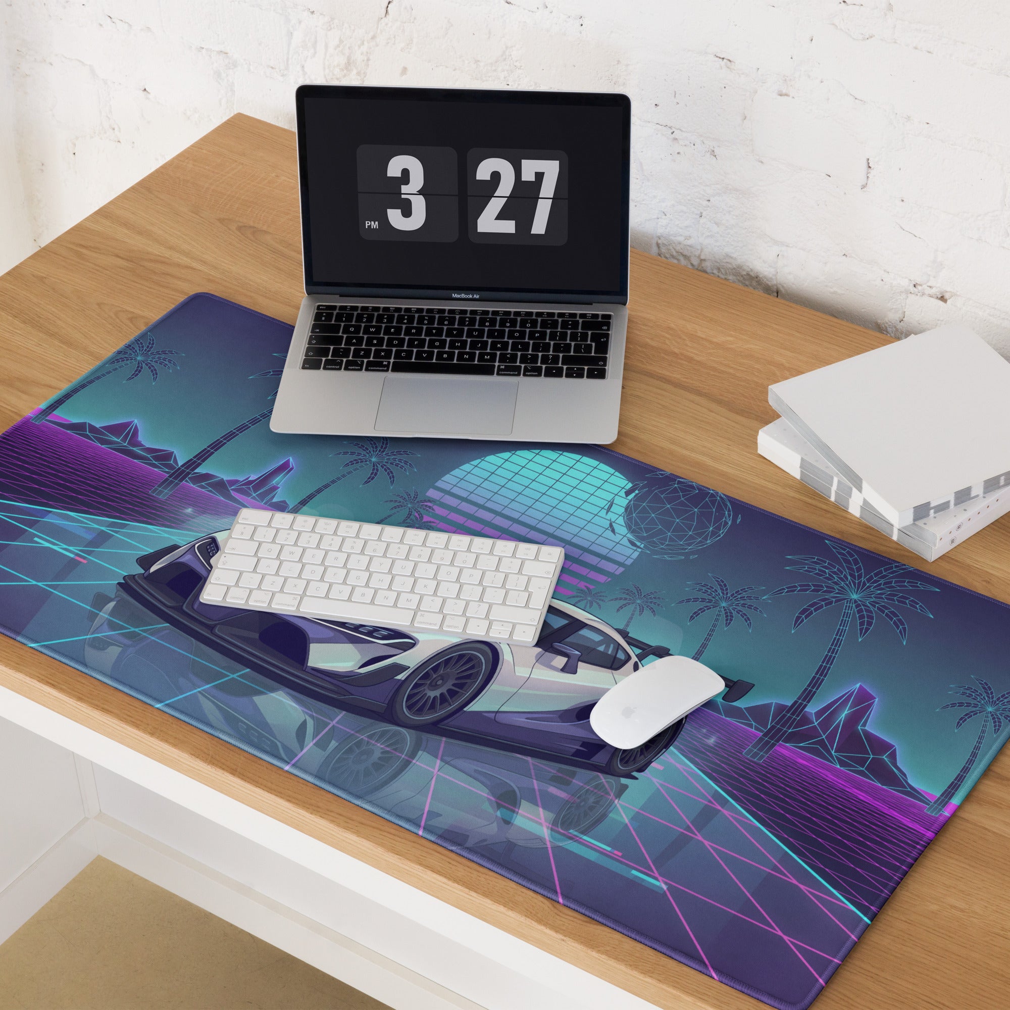 Toyota GR Supra A90 Inspired White Purple Vaporwave Gaming Mouse Pad, Neon Retro Futuristic JDM Desk Mat with Synthwave Palm Tree Sports Car Art