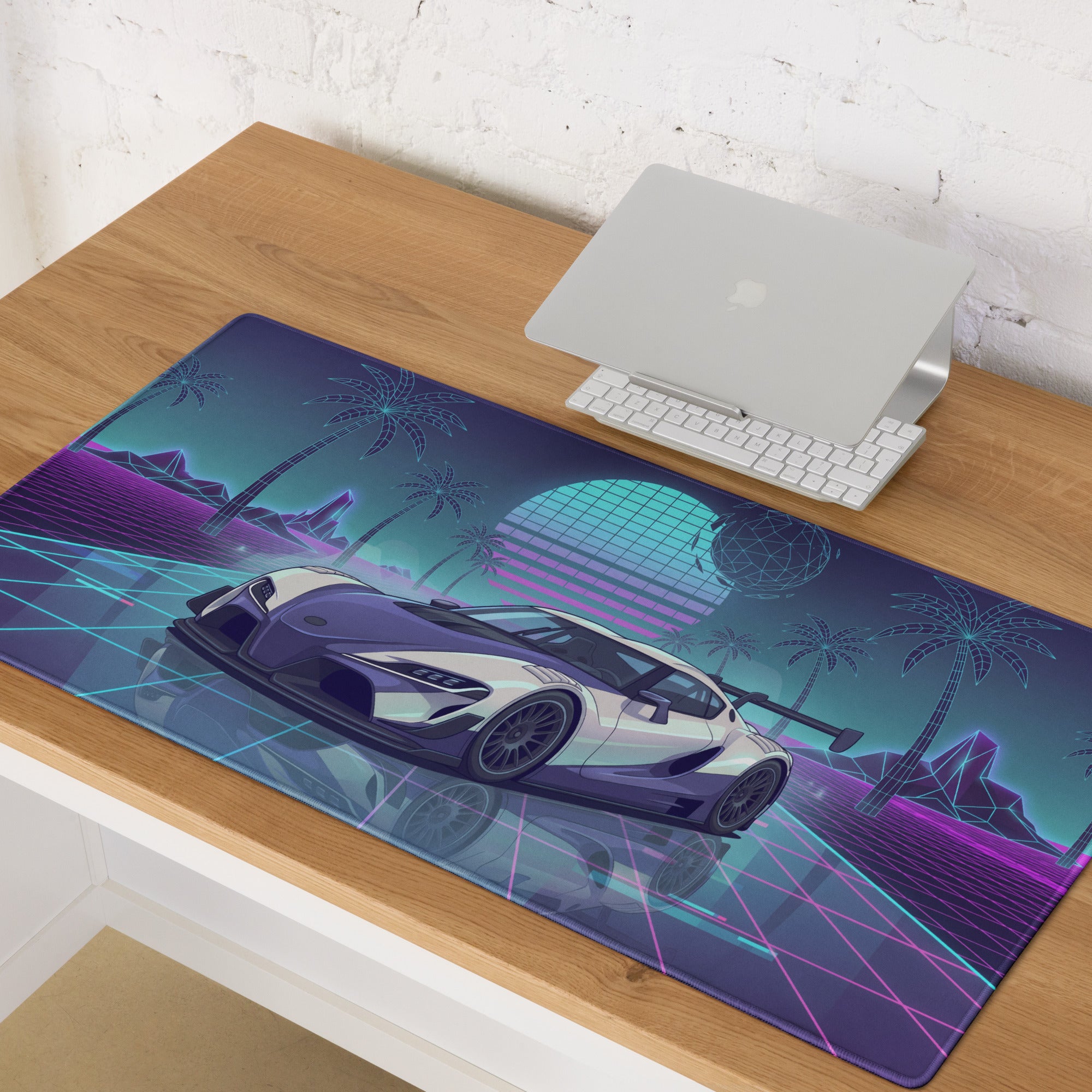 Toyota GR Supra A90 Inspired White Purple Vaporwave Gaming Mouse Pad, Neon Retro Futuristic JDM Desk Mat with Synthwave Palm Tree Sports Car Art