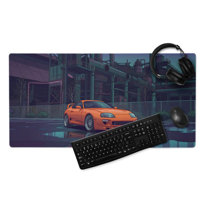 Toyota Supra MK4 Inspired Orange Purple Vaporwave Gaming Mouse Pad, Neon Industrial JDM Desk Mat with Cyberpunk Factory Sports Car Art