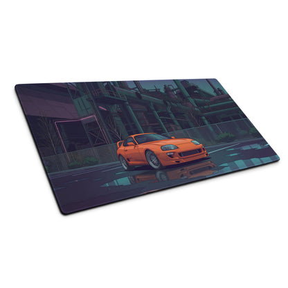 Toyota Supra MK4 Inspired Orange Purple Vaporwave Gaming Mouse Pad, Neon Industrial JDM Desk Mat with Cyberpunk Factory Sports Car Art