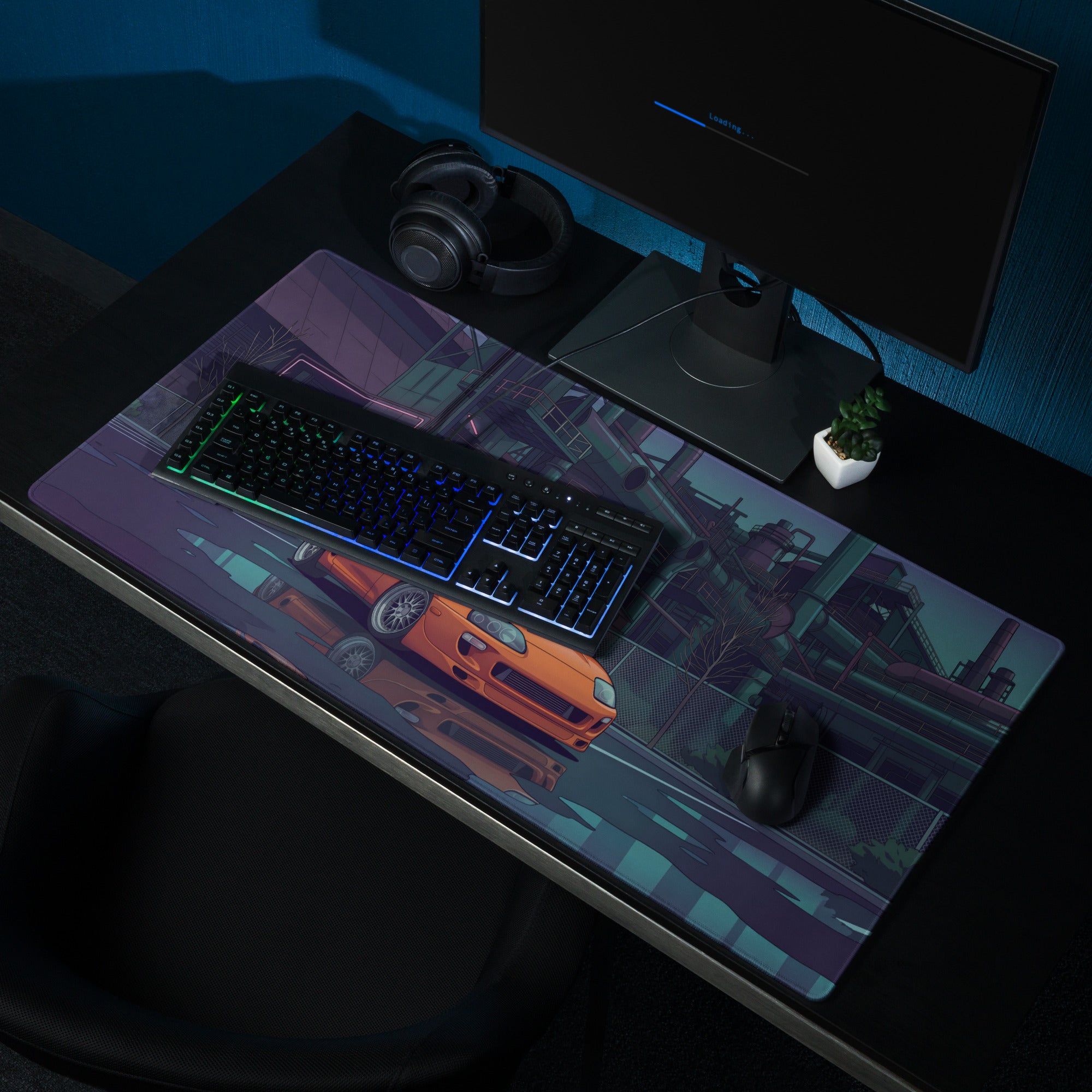 Toyota Supra MK4 Inspired Orange Purple Vaporwave Gaming Mouse Pad, Neon Industrial JDM Desk Mat with Cyberpunk Factory Sports Car Art