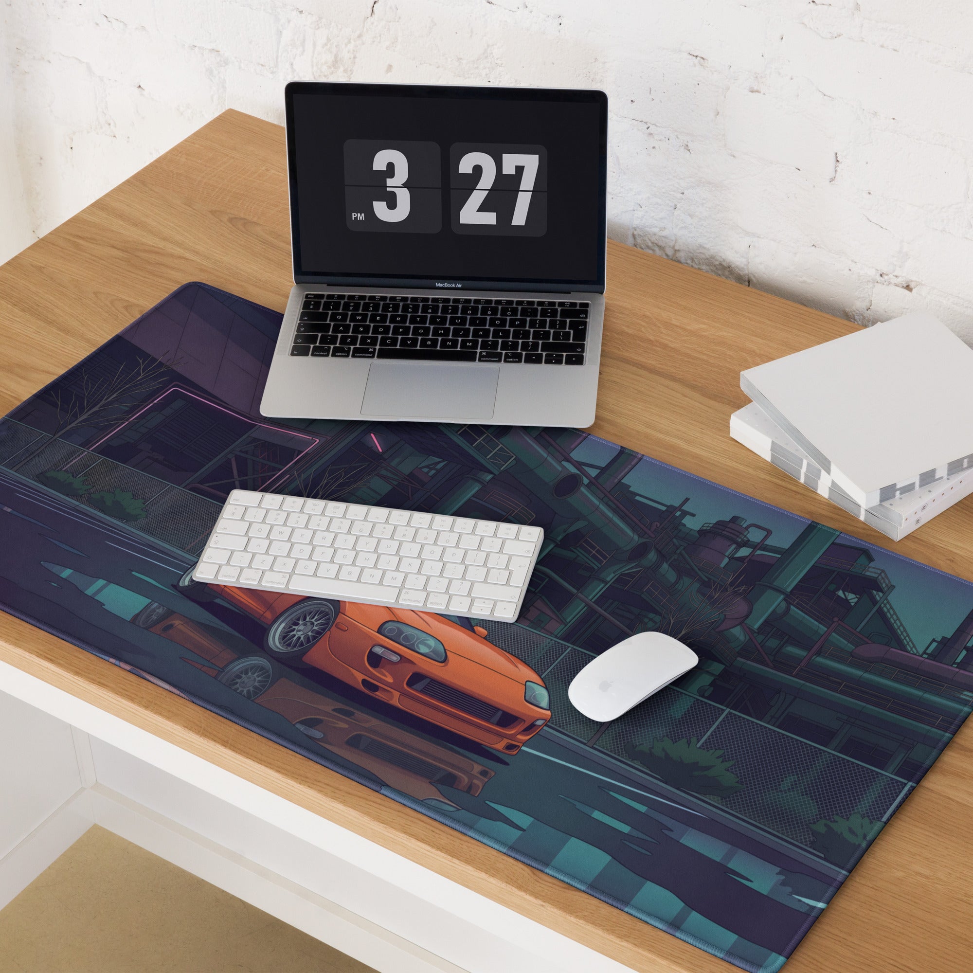 Toyota Supra MK4 Inspired Orange Purple Vaporwave Gaming Mouse Pad, Neon Industrial JDM Desk Mat with Cyberpunk Factory Sports Car Art