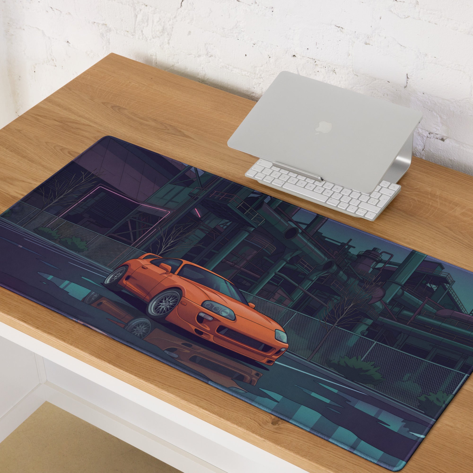 Toyota Supra MK4 Inspired Orange Purple Vaporwave Gaming Mouse Pad, Neon Industrial JDM Desk Mat with Cyberpunk Factory Sports Car Art