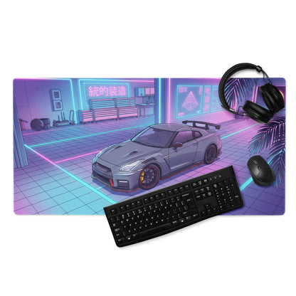 Nissan GT-R R35 Inspired Gray Blue Vaporwave Gaming Mouse Pad, Neon Cyberpunk Garage Desk Mat with Retro Futuristic Japanese Sports Car Art