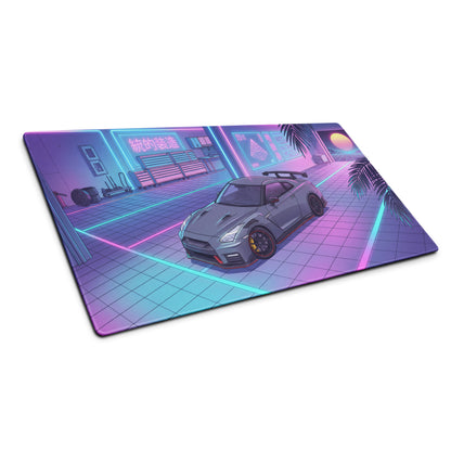 Nissan GT-R R35 Inspired Gray Blue Vaporwave Gaming Mouse Pad, Neon Cyberpunk Garage Desk Mat with Retro Futuristic Japanese Sports Car Art