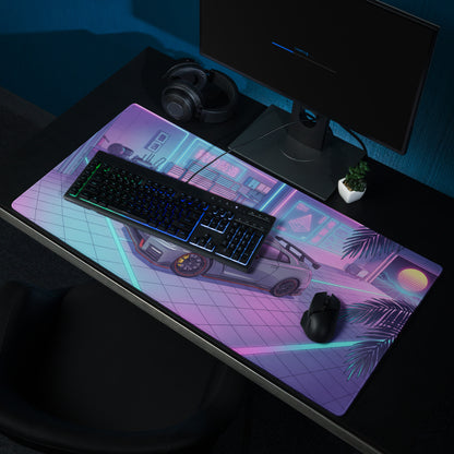 Nissan GT-R R35 Inspired Gray Blue Vaporwave Gaming Mouse Pad, Neon Cyberpunk Garage Desk Mat with Retro Futuristic Japanese Sports Car Art