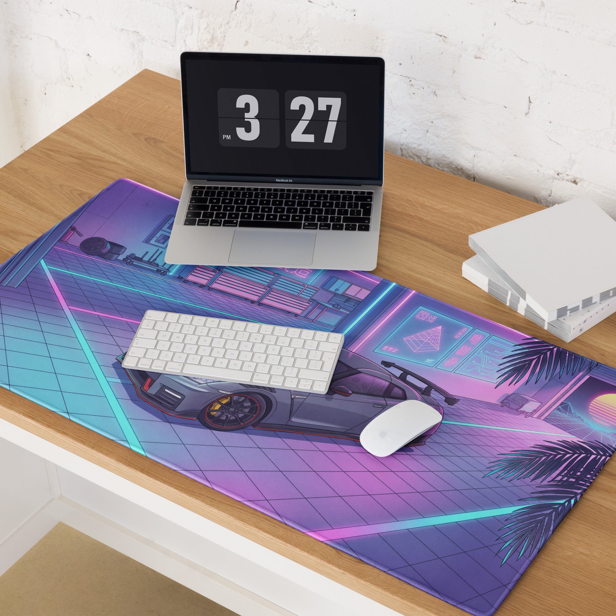 Nissan GT-R R35 Inspired Gray Blue Vaporwave Gaming Mouse Pad, Neon Cyberpunk Garage Desk Mat with Retro Futuristic Japanese Sports Car Art