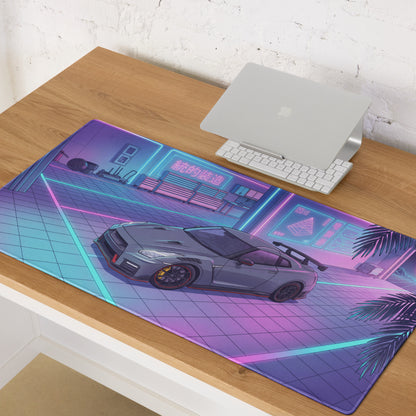 Nissan GT-R R35 Inspired Gray Blue Vaporwave Gaming Mouse Pad, Neon Cyberpunk Garage Desk Mat with Retro Futuristic Japanese Sports Car Art