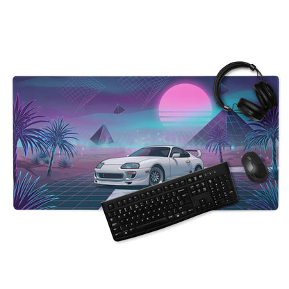 Toyota Supra MK4 Inspired White Purple Vaporwave Gaming Mouse Pad, Neon Retro Futuristic JDM Desk Mat with Synthwave Palm Tree Sports Car Art