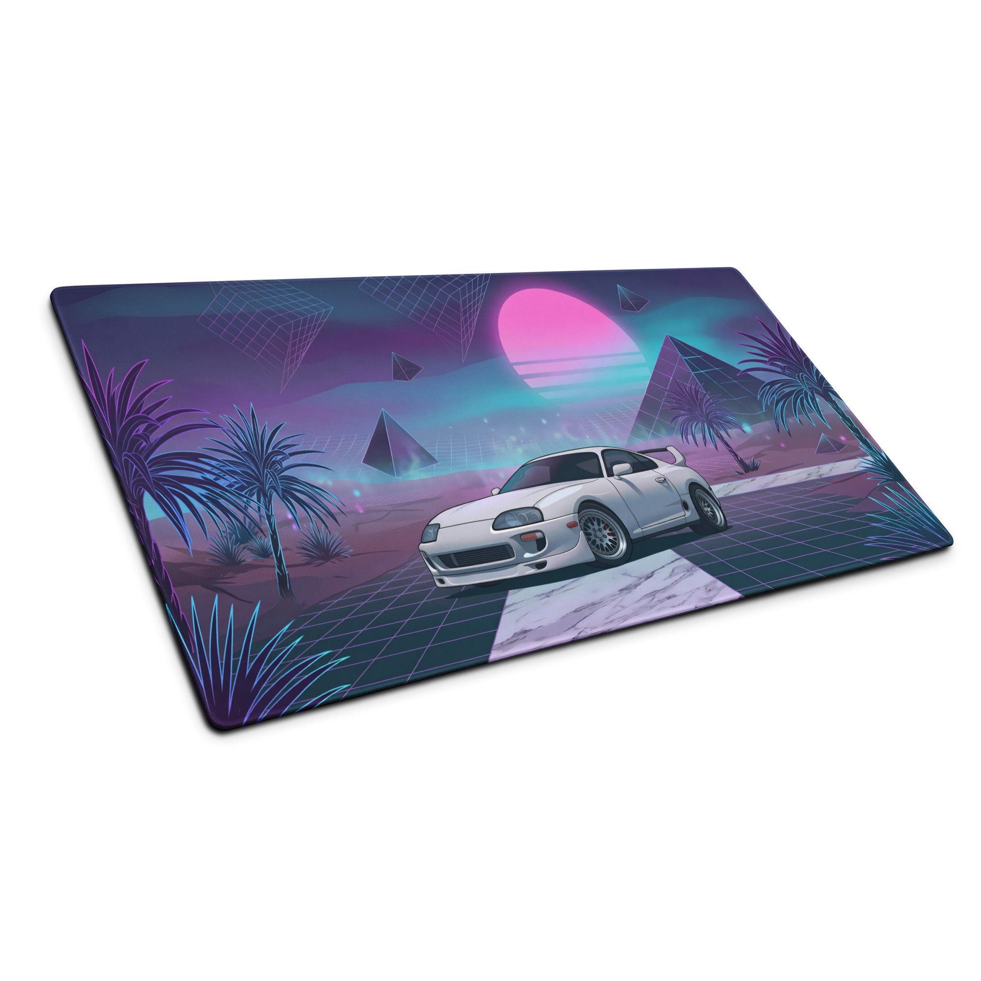 Toyota Supra MK4 Inspired White Purple Vaporwave Gaming Mouse Pad, Neon Retro Futuristic JDM Desk Mat with Synthwave Palm Tree Sports Car Art