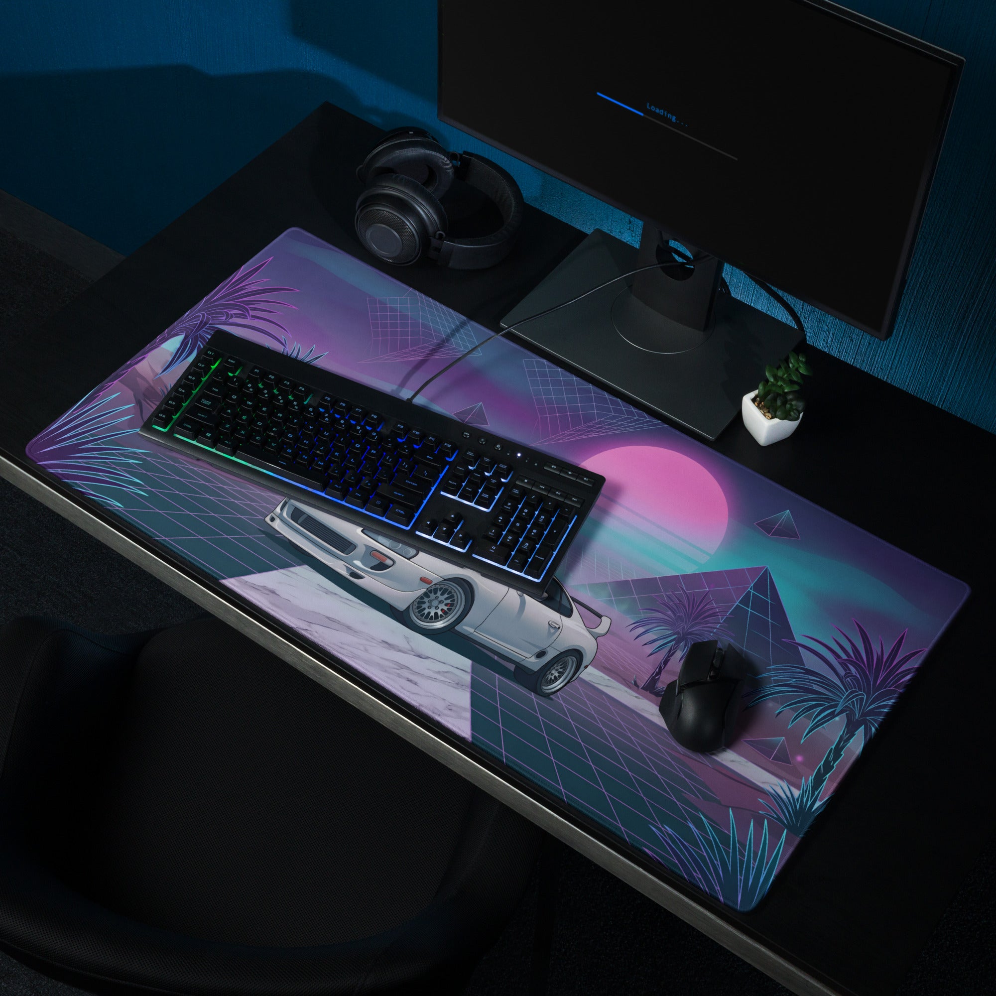 Toyota Supra MK4 Inspired White Purple Vaporwave Gaming Mouse Pad, Neon Retro Futuristic JDM Desk Mat with Synthwave Palm Tree Sports Car Art