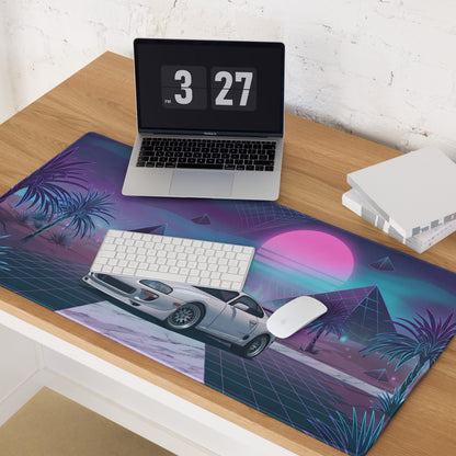 Toyota Supra MK4 Inspired White Purple Vaporwave Gaming Mouse Pad, Neon Retro Futuristic JDM Desk Mat with Synthwave Palm Tree Sports Car Art