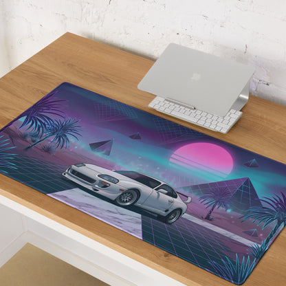 Toyota Supra MK4 Inspired White Purple Vaporwave Gaming Mouse Pad, Neon Retro Futuristic JDM Desk Mat with Synthwave Palm Tree Sports Car Art