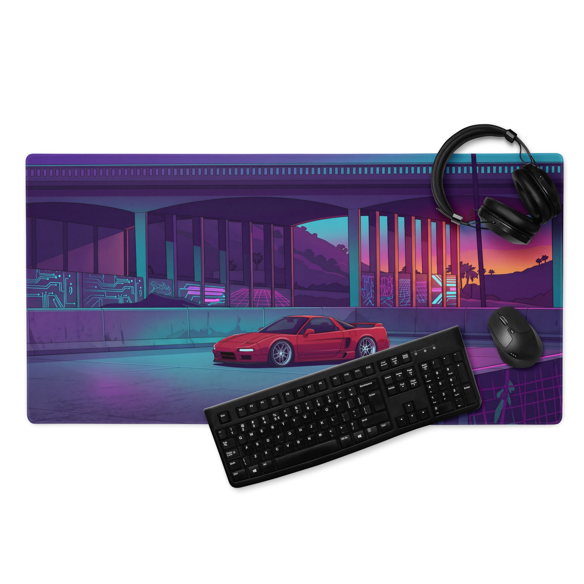 Acura NSX Inspired Red Purple Vaporwave Gaming Mouse Pad, Neon Retro Futuristic Japanese Sports Car Desk Mat with Cyberpunk Highway Sunset Art