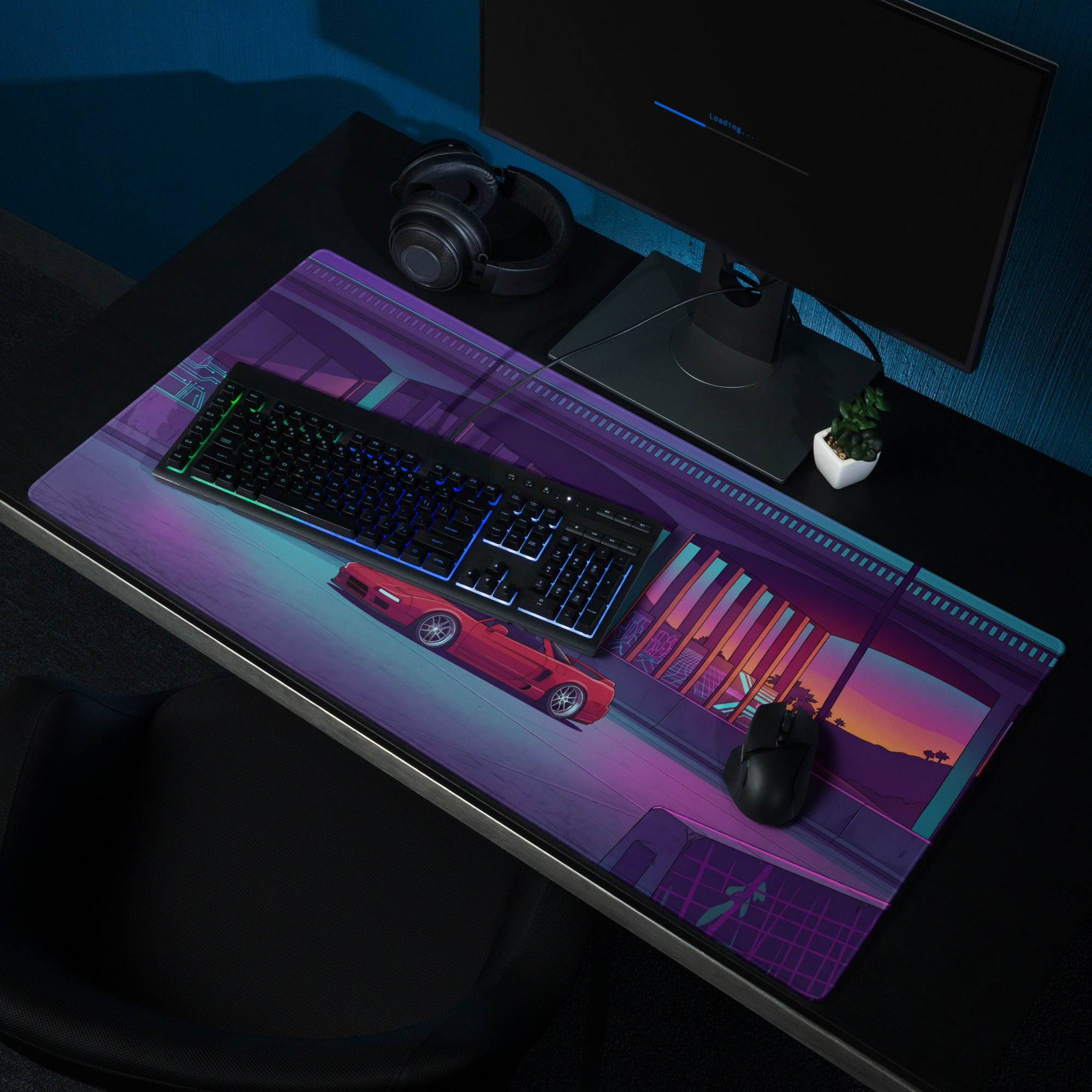 Acura NSX Inspired Red Purple Vaporwave Gaming Mouse Pad, Neon Retro Futuristic Japanese Sports Car Desk Mat with Cyberpunk Highway Sunset Art