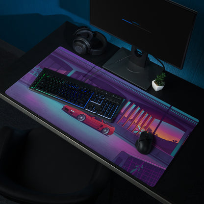 Acura NSX Inspired Red Purple Vaporwave Gaming Mouse Pad, Neon Retro Futuristic Japanese Sports Car Desk Mat with Cyberpunk Highway Sunset Art