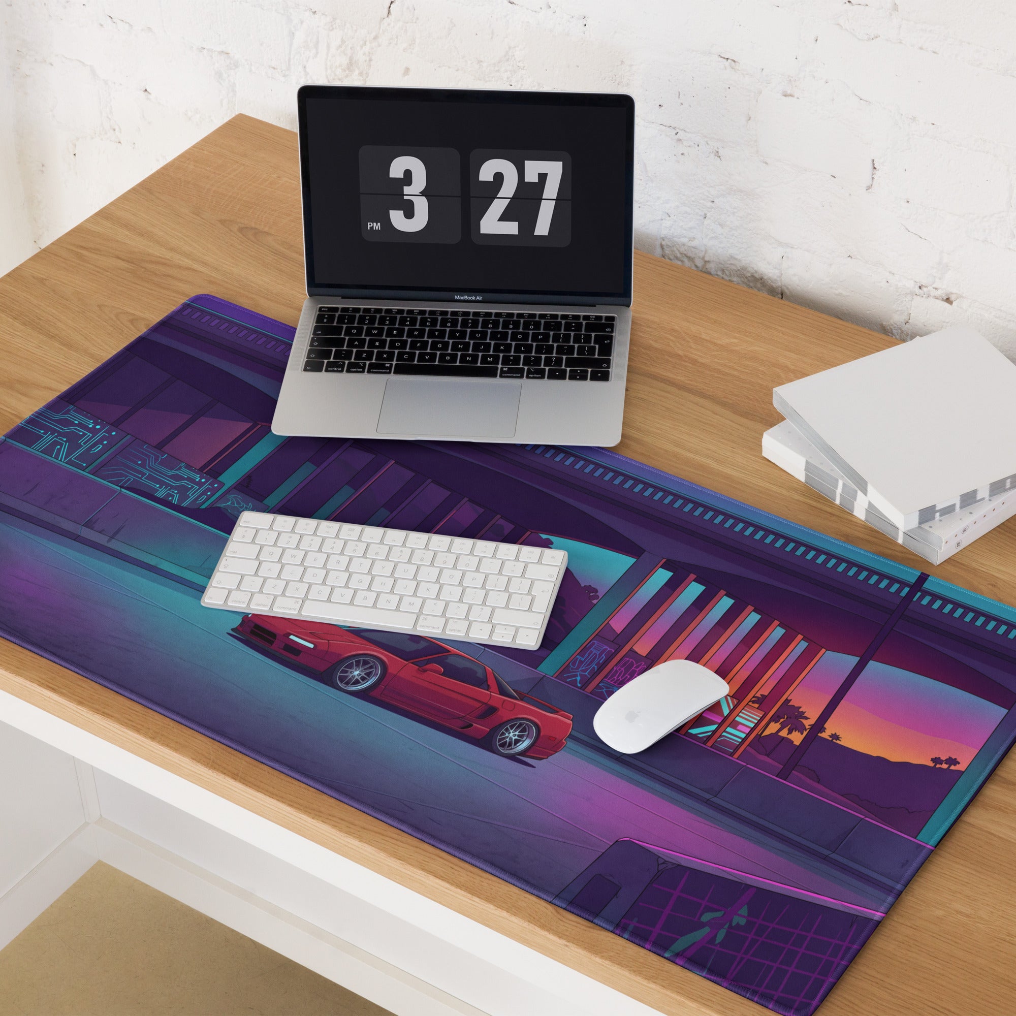Acura NSX Inspired Red Purple Vaporwave Gaming Mouse Pad, Neon Retro Futuristic Japanese Sports Car Desk Mat with Cyberpunk Highway Sunset Art