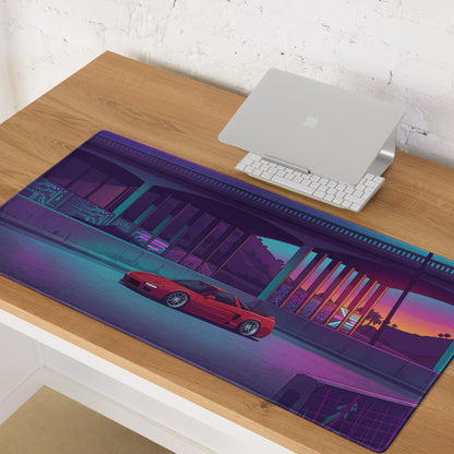 Acura NSX Inspired Red Purple Vaporwave Gaming Mouse Pad, Neon Retro Futuristic Japanese Sports Car Desk Mat with Cyberpunk Highway Sunset Art