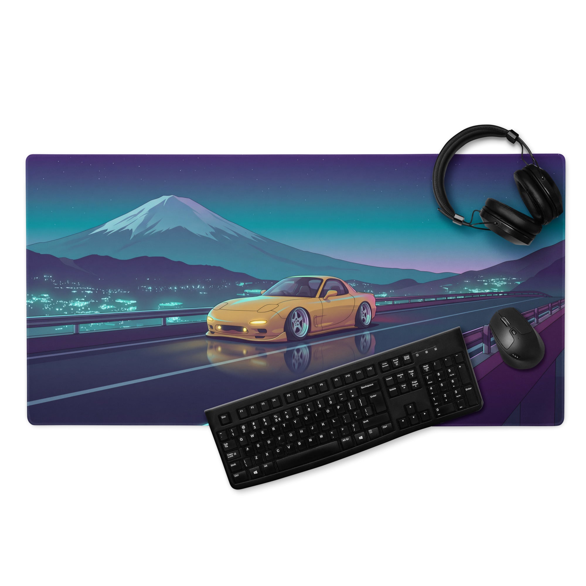 Mazda RX-7 FD Inspired Yellow Blue Vaporwave Gaming Mouse Pad, Neon Japanese Mountain Highway Desk Mat with Retro Futuristic JDM Sports Car Art