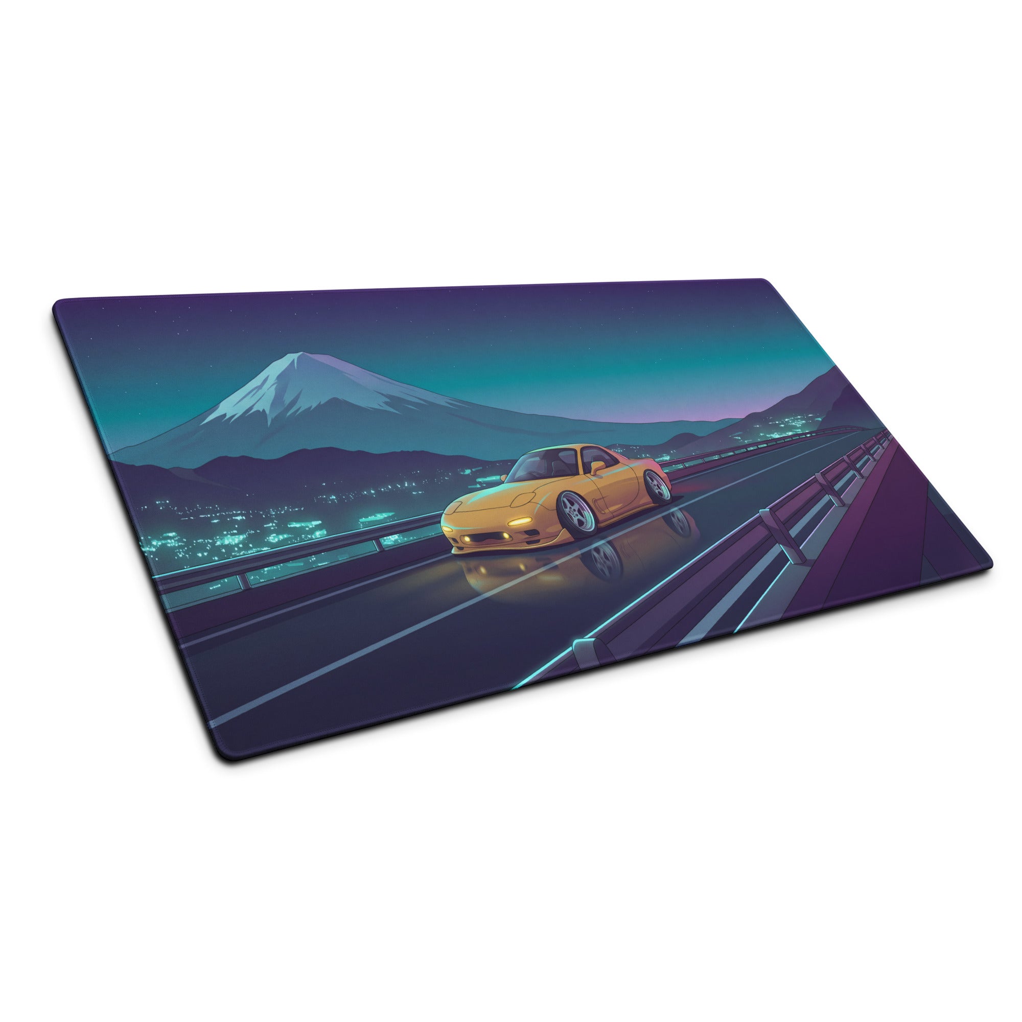 Mazda RX-7 FD Inspired Yellow Blue Vaporwave Gaming Mouse Pad, Neon Japanese Mountain Highway Desk Mat with Retro Futuristic JDM Sports Car Art