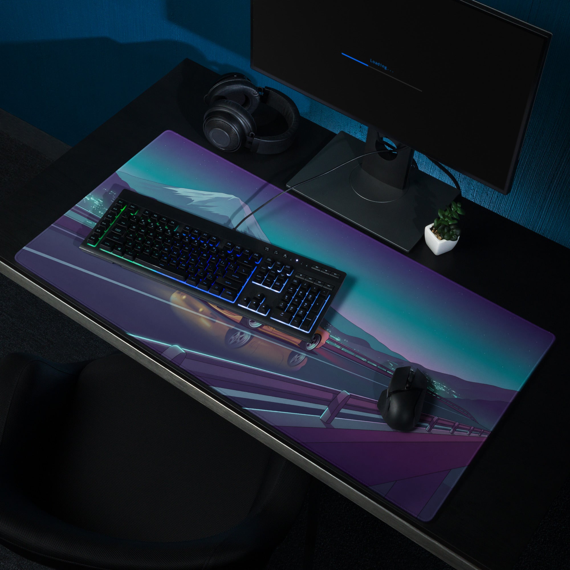 Mazda RX-7 FD Inspired Yellow Blue Vaporwave Gaming Mouse Pad, Neon Japanese Mountain Highway Desk Mat with Retro Futuristic JDM Sports Car Art