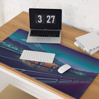 Mazda RX-7 FD Inspired Yellow Blue Vaporwave Gaming Mouse Pad, Neon Japanese Mountain Highway Desk Mat with Retro Futuristic JDM Sports Car Art