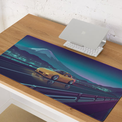 Mazda RX-7 FD Inspired Yellow Blue Vaporwave Gaming Mouse Pad, Neon Japanese Mountain Highway Desk Mat with Retro Futuristic JDM Sports Car Art