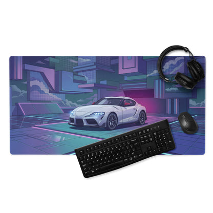 Toyota GR Supra A90 Inspired White Blue Vaporwave Gaming Mouse Pad, Neon Futuristic JDM Desk Mat with Cyberpunk City Sports Car Artwork