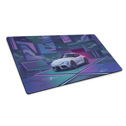Toyota GR Supra A90 Inspired White Blue Vaporwave Gaming Mouse Pad, Neon Futuristic JDM Desk Mat with Cyberpunk City Sports Car Artwork