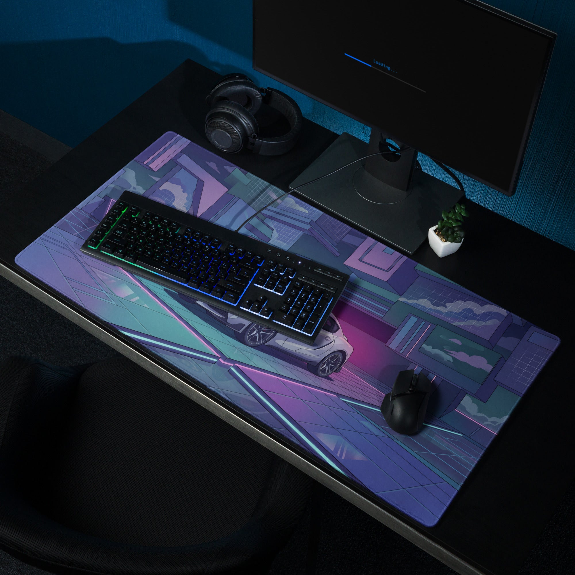 Toyota GR Supra A90 Inspired White Blue Vaporwave Gaming Mouse Pad, Neon Futuristic JDM Desk Mat with Cyberpunk City Sports Car Artwork