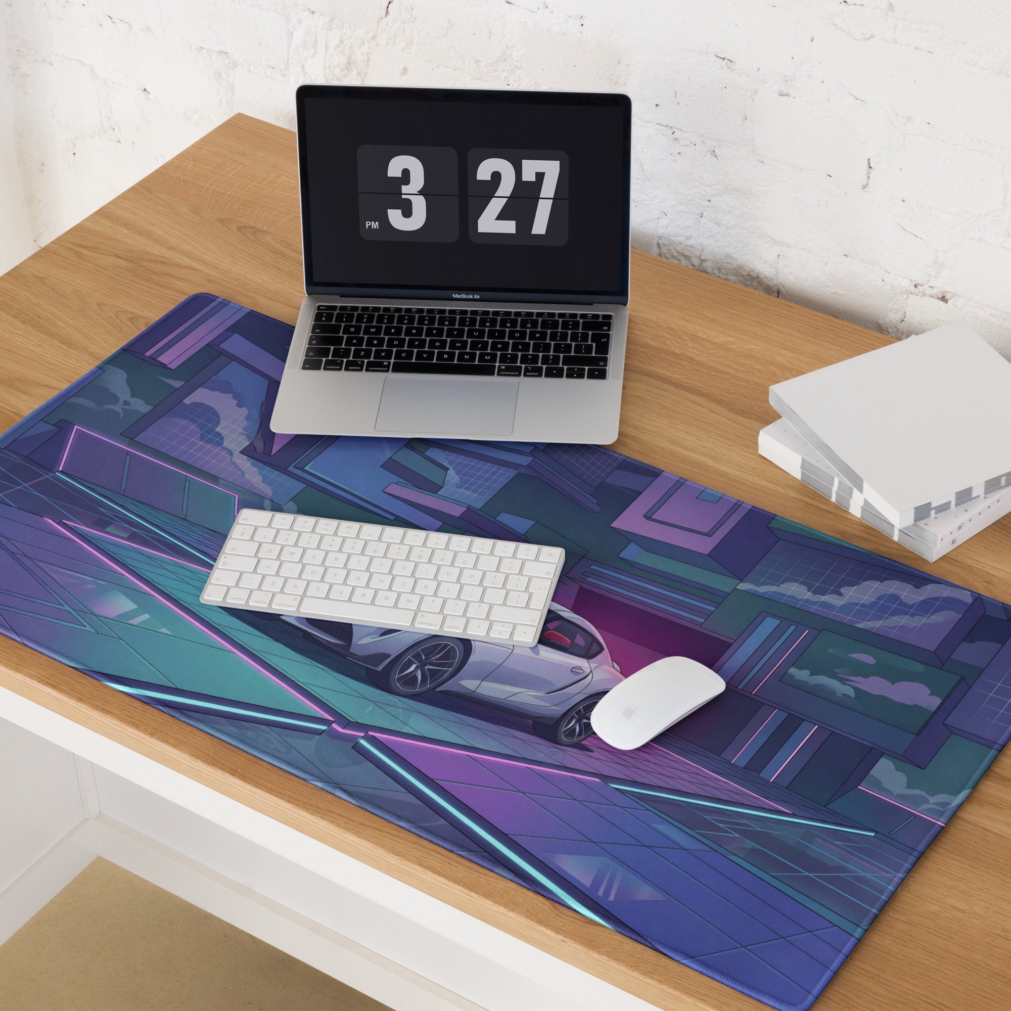 Toyota GR Supra A90 Inspired White Blue Vaporwave Gaming Mouse Pad, Neon Futuristic JDM Desk Mat with Cyberpunk City Sports Car Artwork