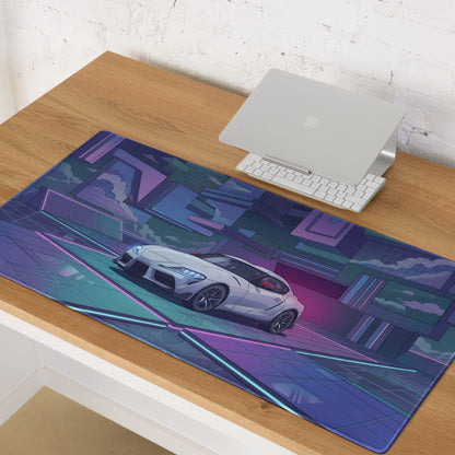 Toyota GR Supra A90 Inspired White Blue Vaporwave Gaming Mouse Pad, Neon Futuristic JDM Desk Mat with Cyberpunk City Sports Car Artwork
