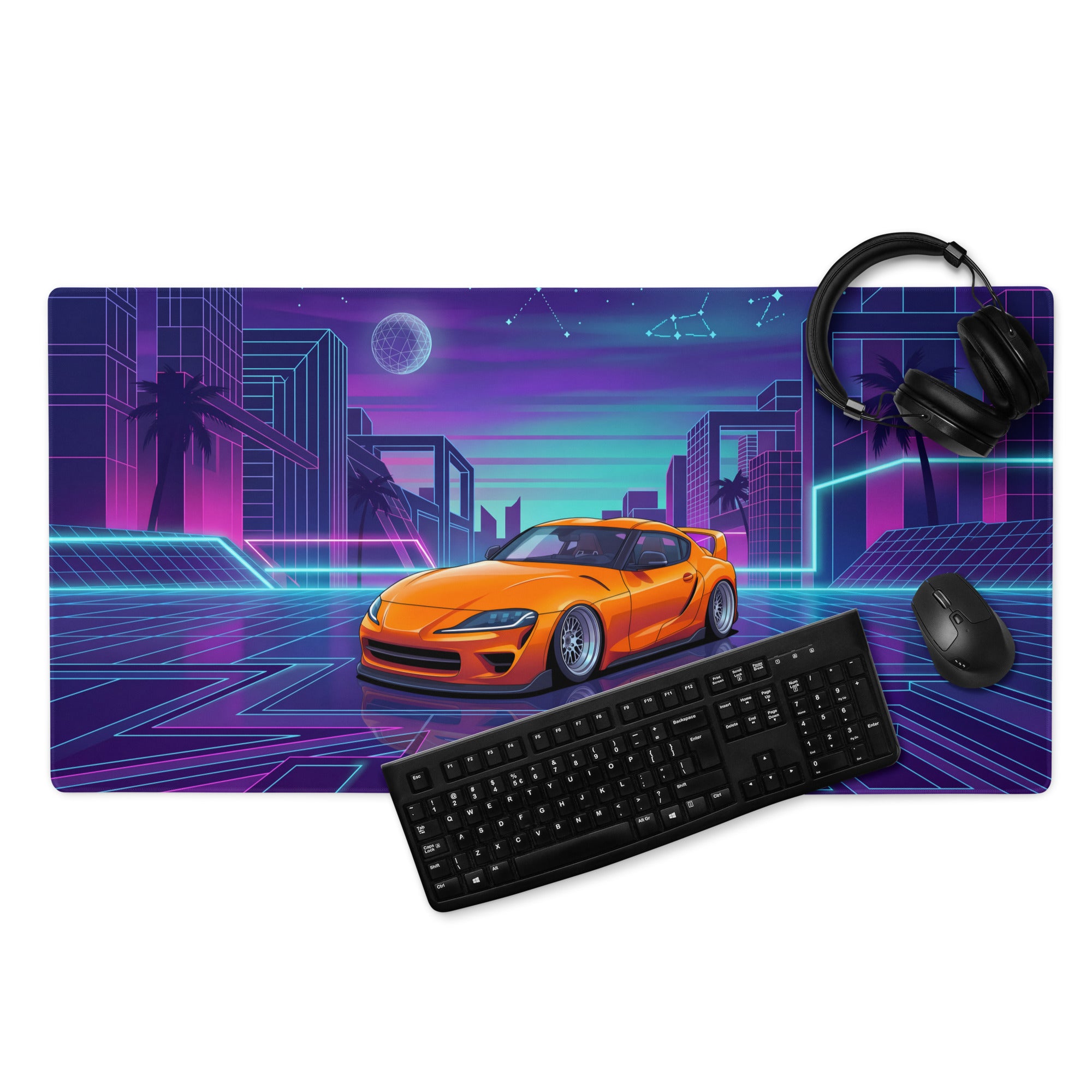 Toyota GR Supra A90 Inspired Orange Purple Vaporwave Gaming Mouse Pad, Neon Retro Futuristic JDM Desk Mat with Cyberpunk City Sports Car Art